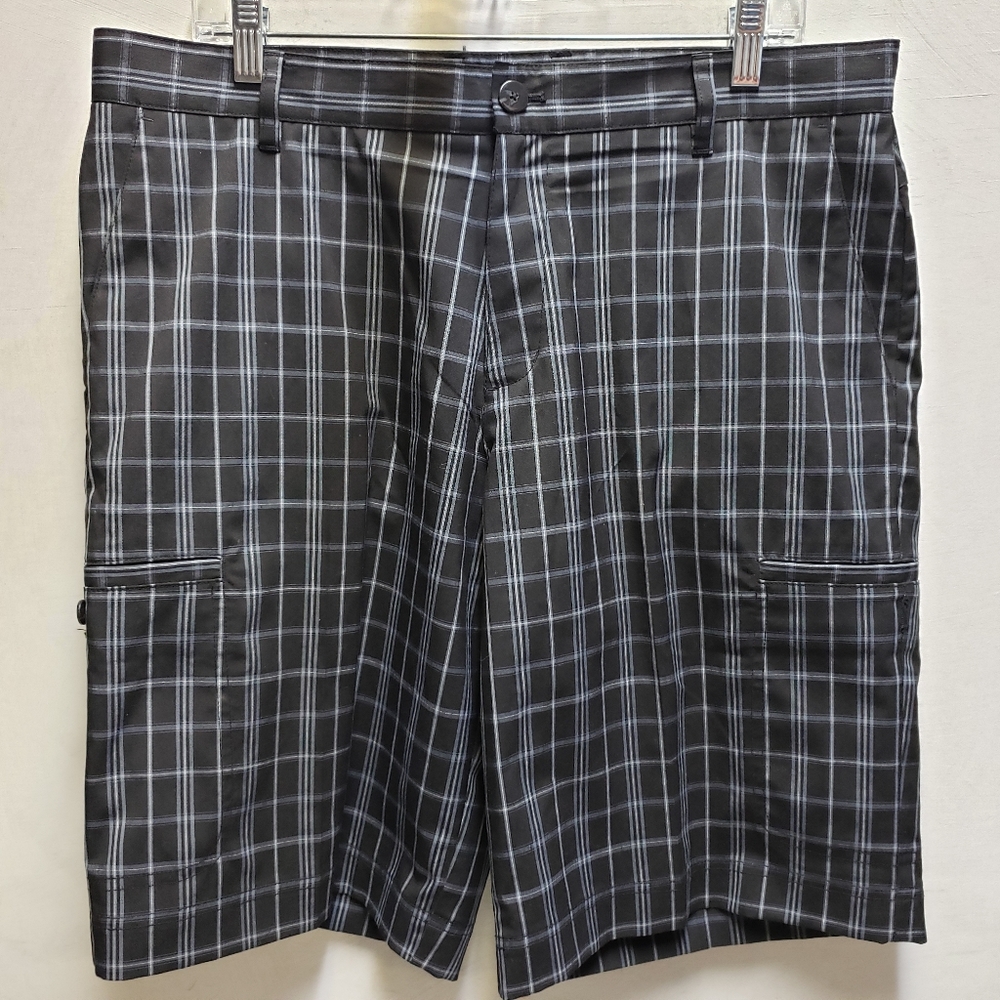 Mens size 34 Adidas black plaid golf athletic shorts euc lightweight 6 pocket